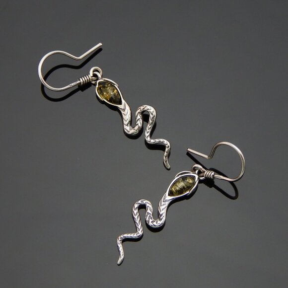 Natural Baltic Green Amber Dangle Snake Earrings in 925 Sterling Silver - Picture 2 of 4